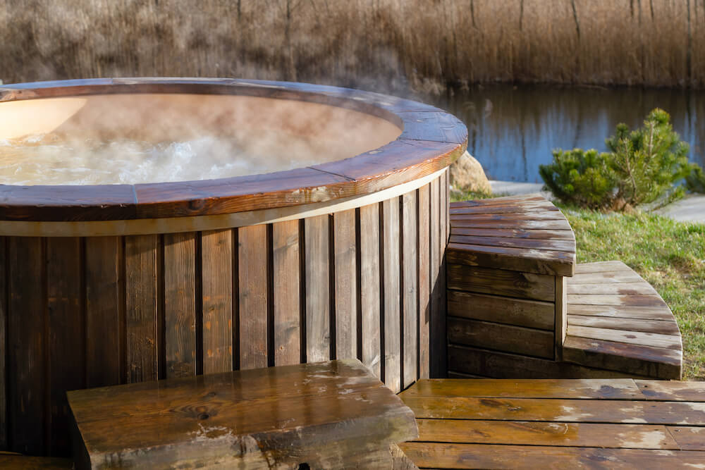 How,Water,Swirling,In,Wooden,Hot,Tub,Outside,In,Nature. hen party with hot tub